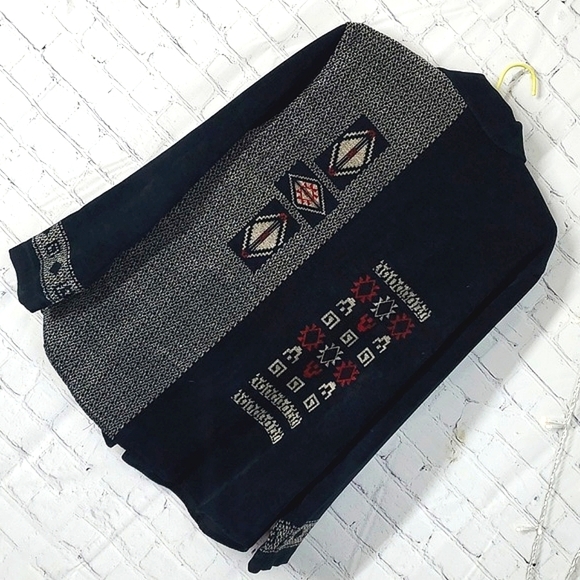 Vintage Chico's Design Navy Blue Black Southwestern Full Zip Jacket Shacket Sz 2 - Picture 13 of 17